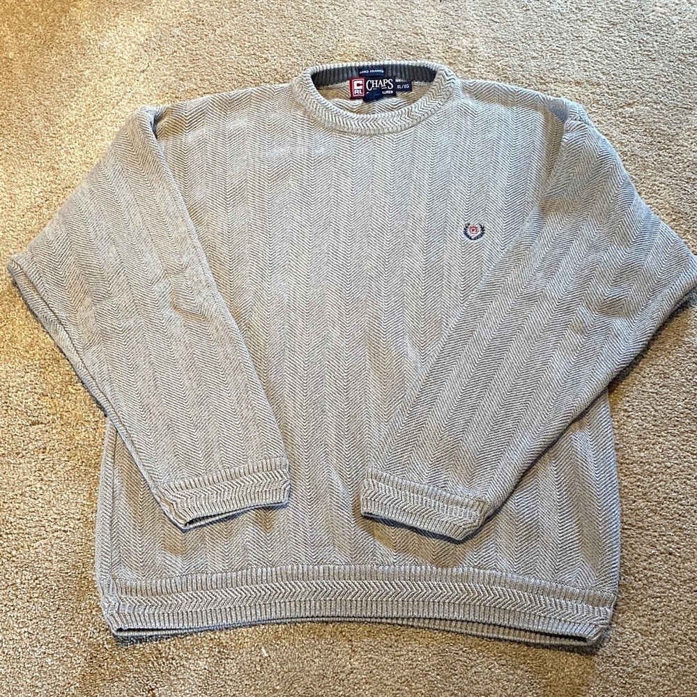 Ralph Lauren Chaps Vintage Hand Framed Cotton Herringbone Crew Sweater Gray XL